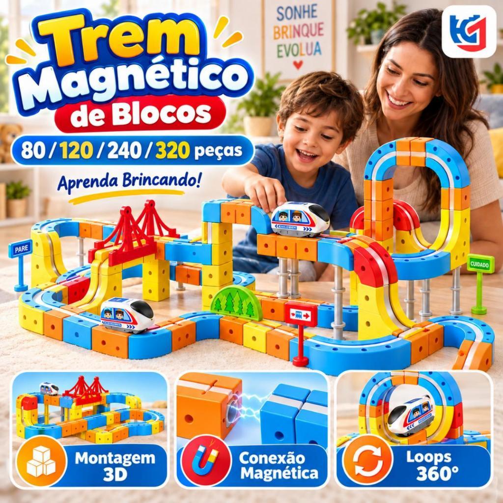 Trem Elétrico Pista Kit Trem Magnético 80/160/240Peças Blocos de Montar 3D Recarregável USB Brinquedo Educativo Infantil