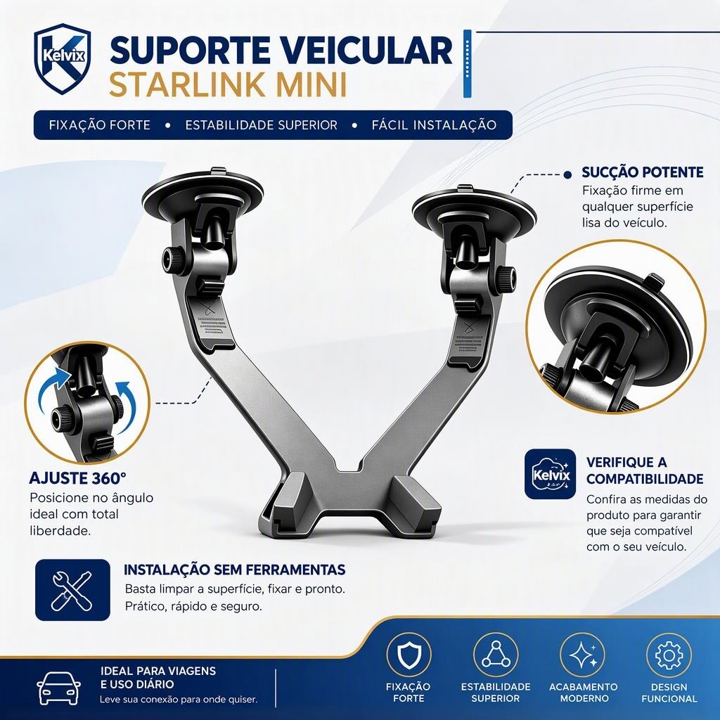 Kelvix Suporte Veicular Starlink Mini, Suporte com Sucção, Rotação 360°, Fácil Montagem para Carros e Caminhonetes