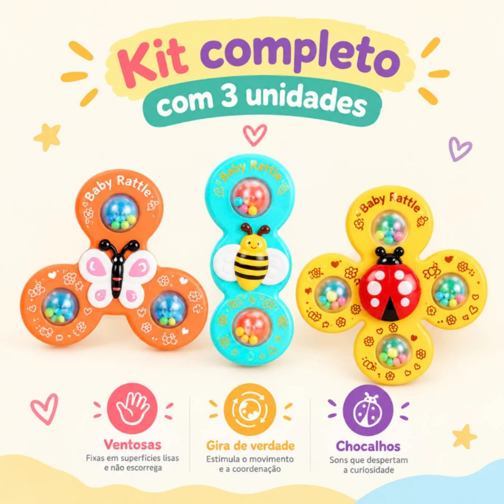 Kit 3 Brinquedos Sensorial Bebe e Criança Chocalhos Spiner Ventosas Giratoria Interativo Anti Stress
