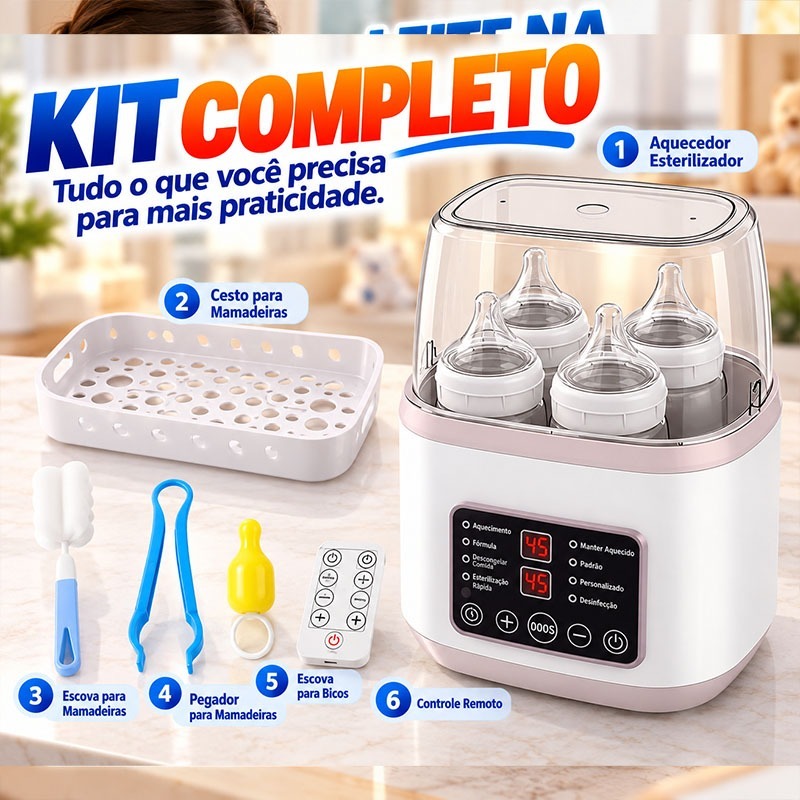Kit Completo Aquecedor Esterilizador para Mamadeiras com Controle Remoto e Cesto