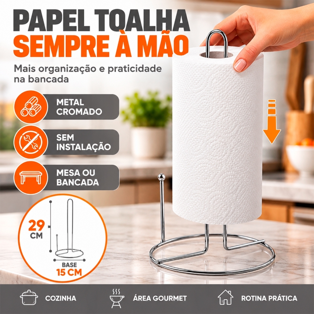Suporte de Mesa para Papel Toalha em Metal Cromado Organizador de Bancada