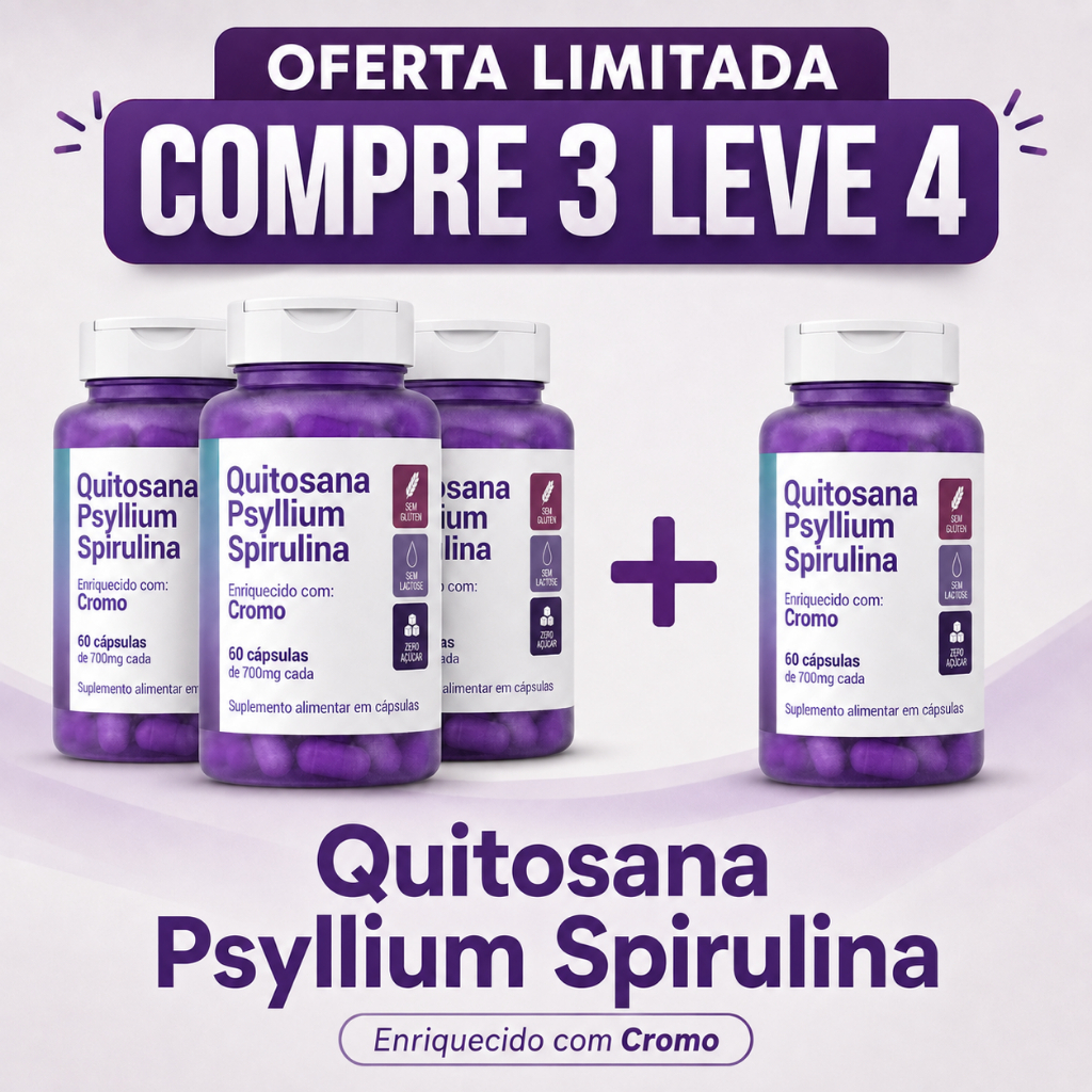 Compre 3 Leve 4 - Psyllium + Quitosana + Spirulina - Enriquecido com Cromo 700 mg - Autorizado ANVISA