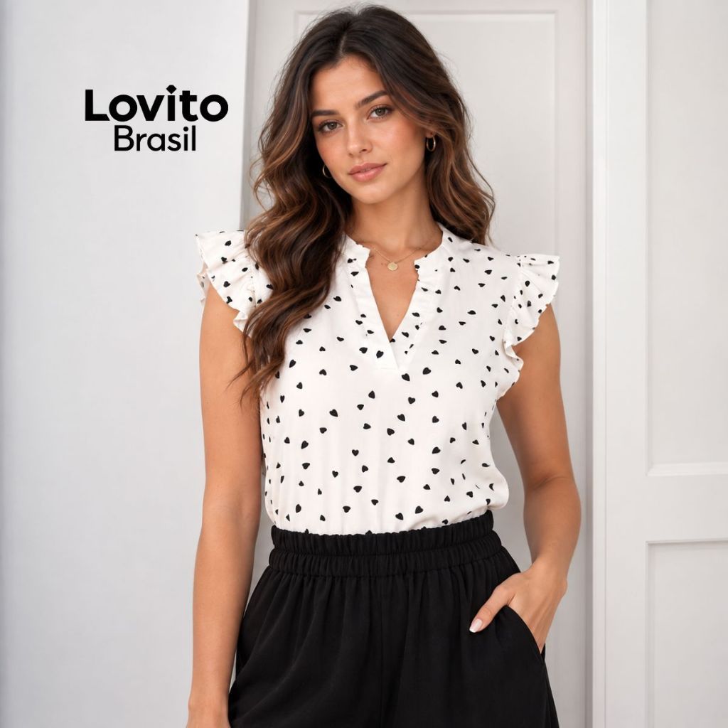 Lovito Blusa sem Manga com Detalhes Babados e Estampada de Coração BLB20D1496