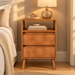 ✨ Mesa de Cabeceira Roma Retrô com 2 Gavetas e Nicho Organizador para Quarto de Casal ou Solteiro Design Bonito - Freijó