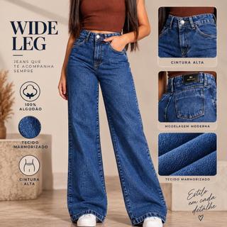 Calça Jeans Feminina Wide Leg Marmorizada Grafite Cintura Alta Pantalona