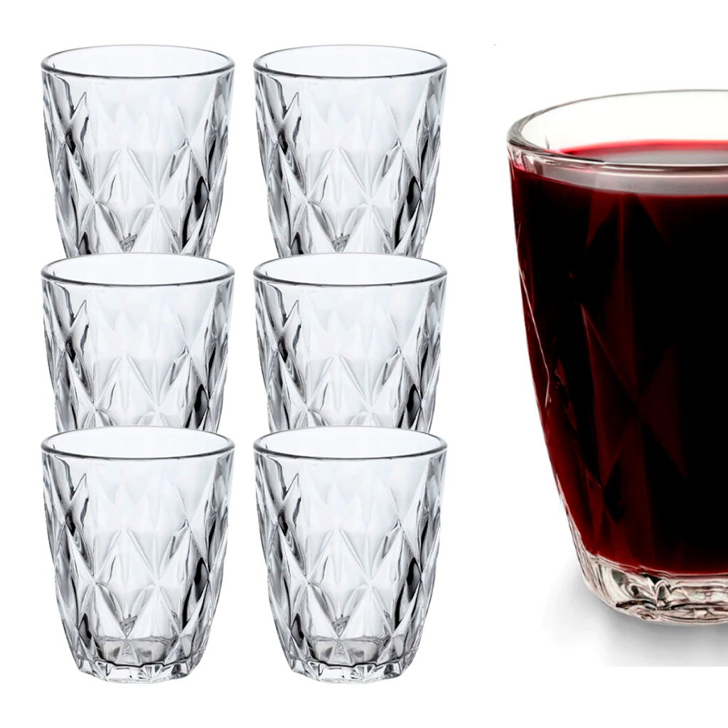 Jogo 6 Copos Baixos Diamond 300ml Vidro Grosso Diamante Luxo
