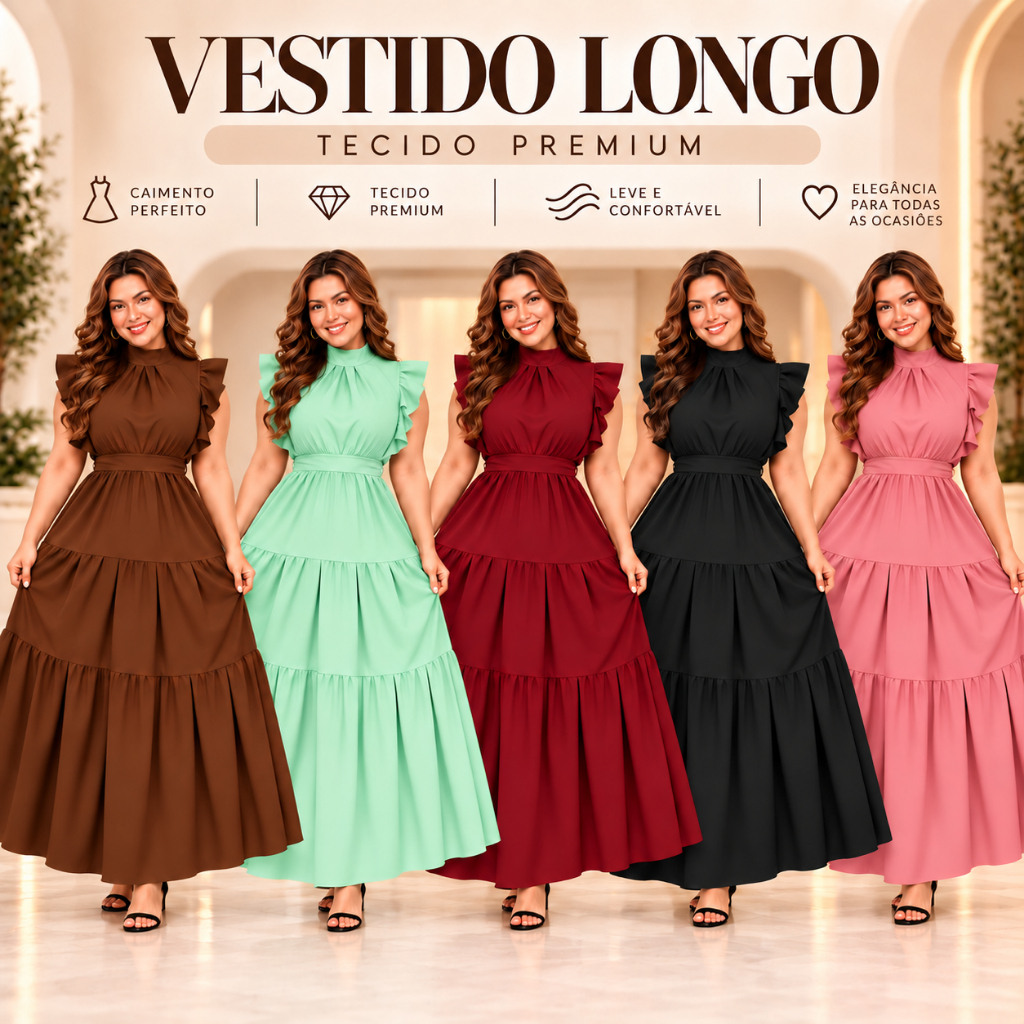 Vestido Feminino Longo Elegante gola Alta Evangélico e Festa Saia três Marias Tecido Crepinho Premium