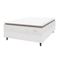 Cama Box Colchão Casal Queen Molas Ensacadas City Pillow Top 158x198x61cm Linho Branco / Bege Hellen