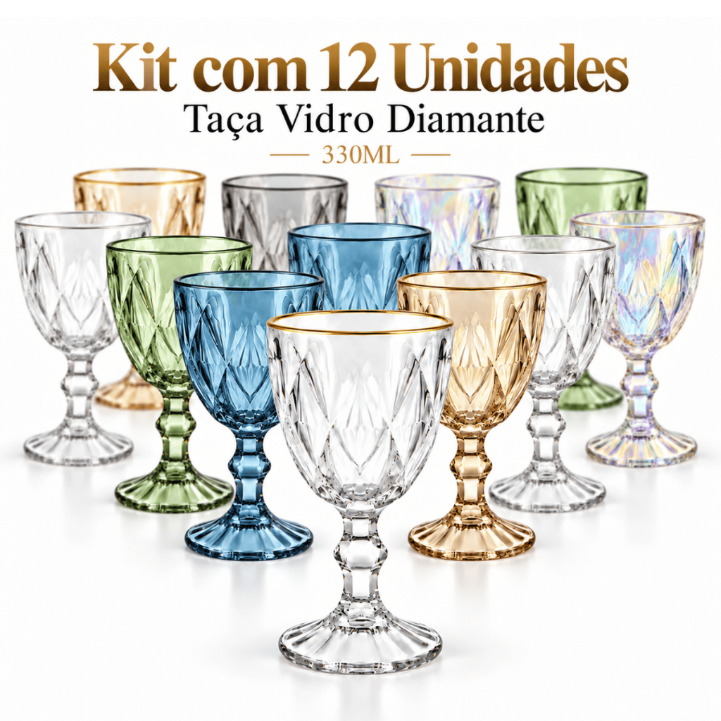 Jogo de 12 Taças de Vidro Diamante 330ml Borda Dourada Transparente