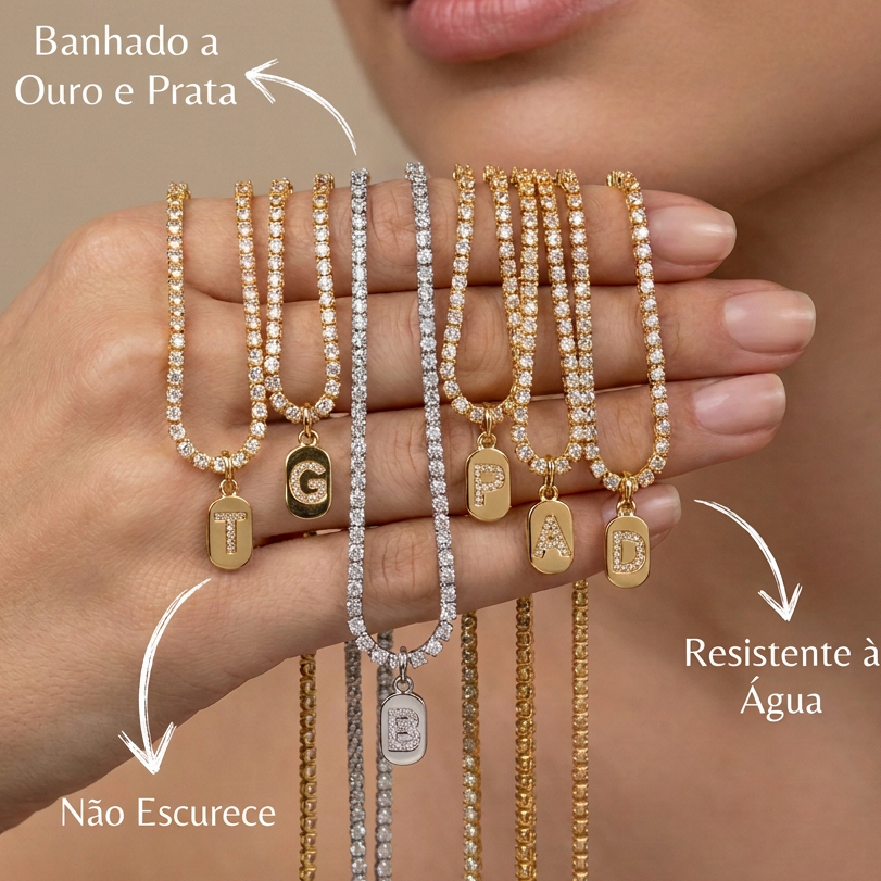 Colar Corrente Riviera Zircônia com Pingente Letra Inicial Com Brilho | Dourado e Prata Choker Riviera