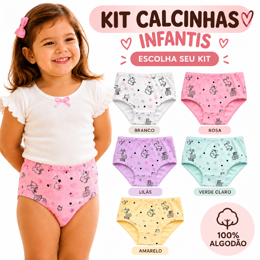 Kit Calcinhas Infantil Menina 100% Algodão Estampadas Confortáveis Tamanhos 1 ao 10