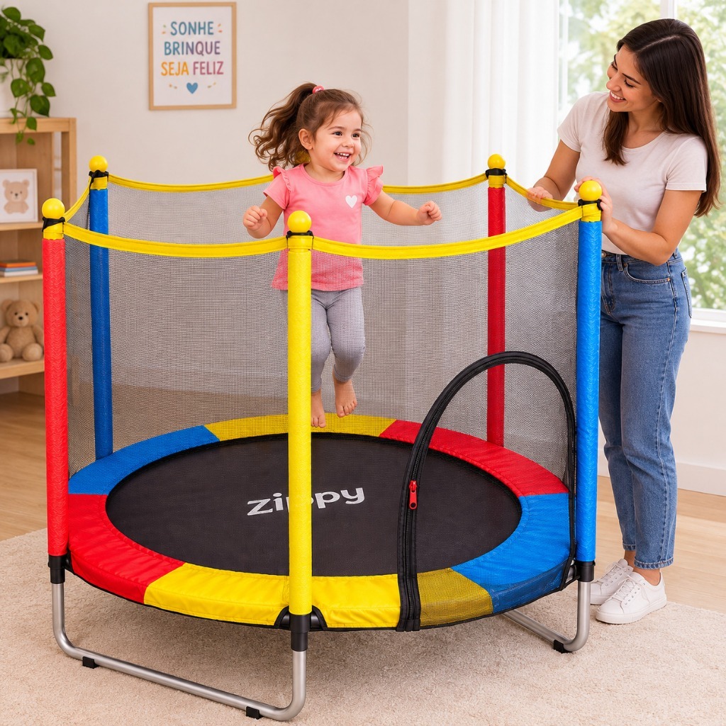 Cama Elástica Pula Pula Infantil Trampolim Pequeno Suporta até 55kg com Rede de Proteção e Espuma — imagem 2 de 2