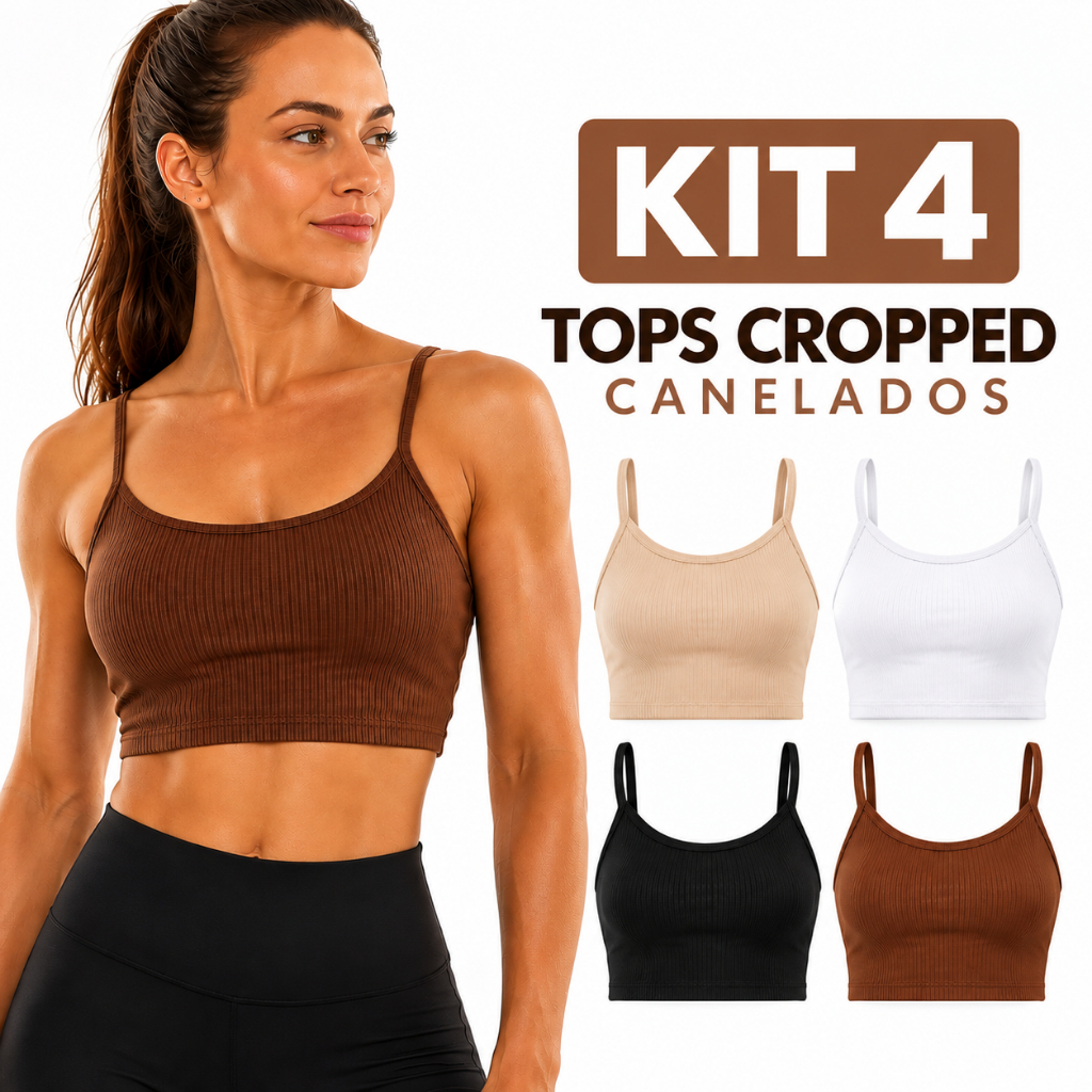 Kit 4 Tops Cropped Femininos Canelados Ribana Alcinha Básico Academia Fitness Confortável