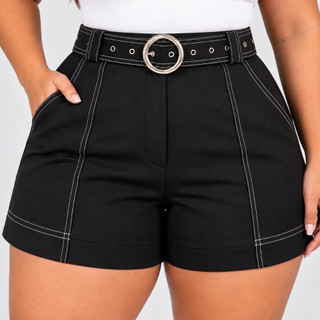 Short Feminino Plus Size Alfaiataria com Cinto Cintura Alta Elegante