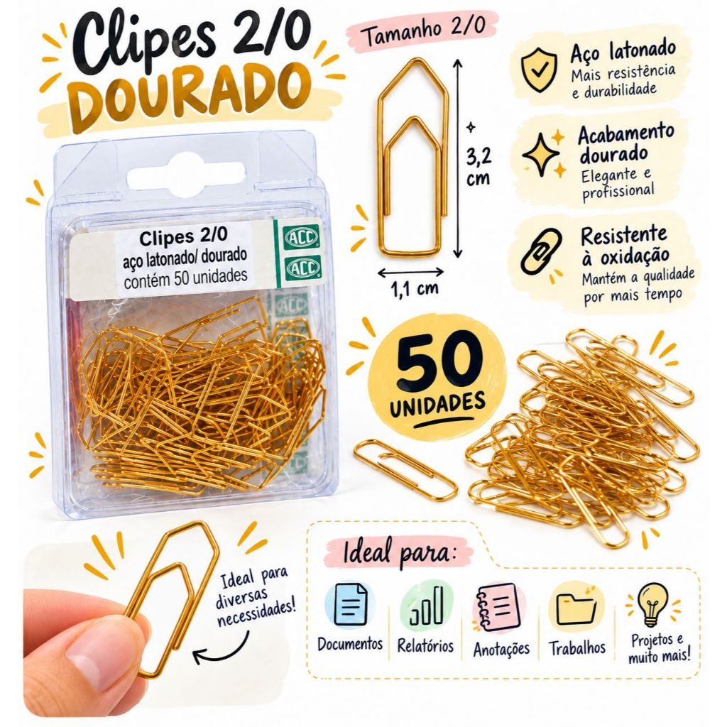 Clips Dourado 2/0 ACC com 50 Unidades Aço Latonado
