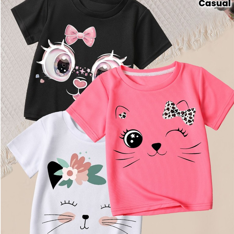 Kit 3 Camiseta Infantil Animais Fofos Camisa 100% Algodão Gatinho Cachorro Flores Blusa Estampada Criança Kawaii