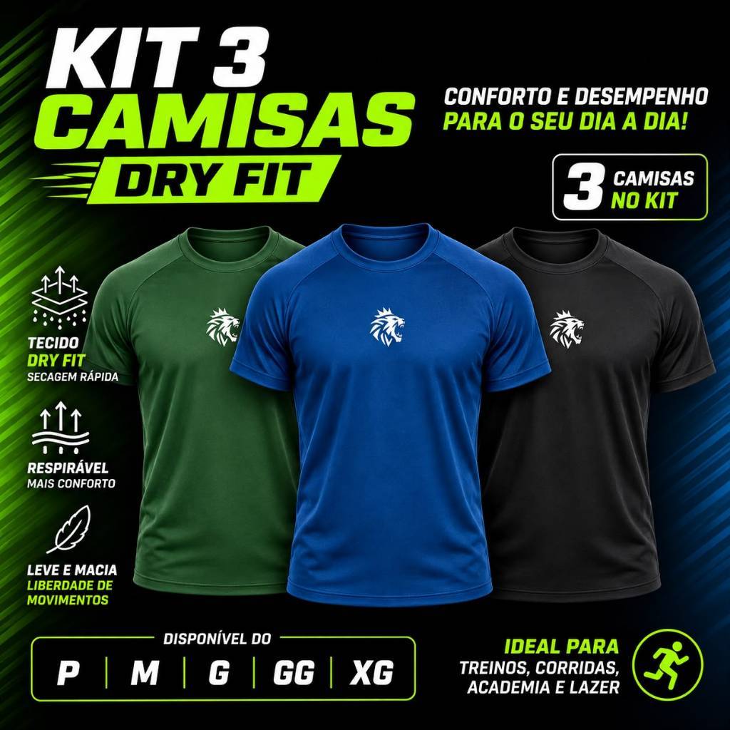 Kit 3 Camisetas Masculinas Dry Fit Premium com Proteção UV Anti Suor Anti Odor Secagem Rápida e Não Amassa