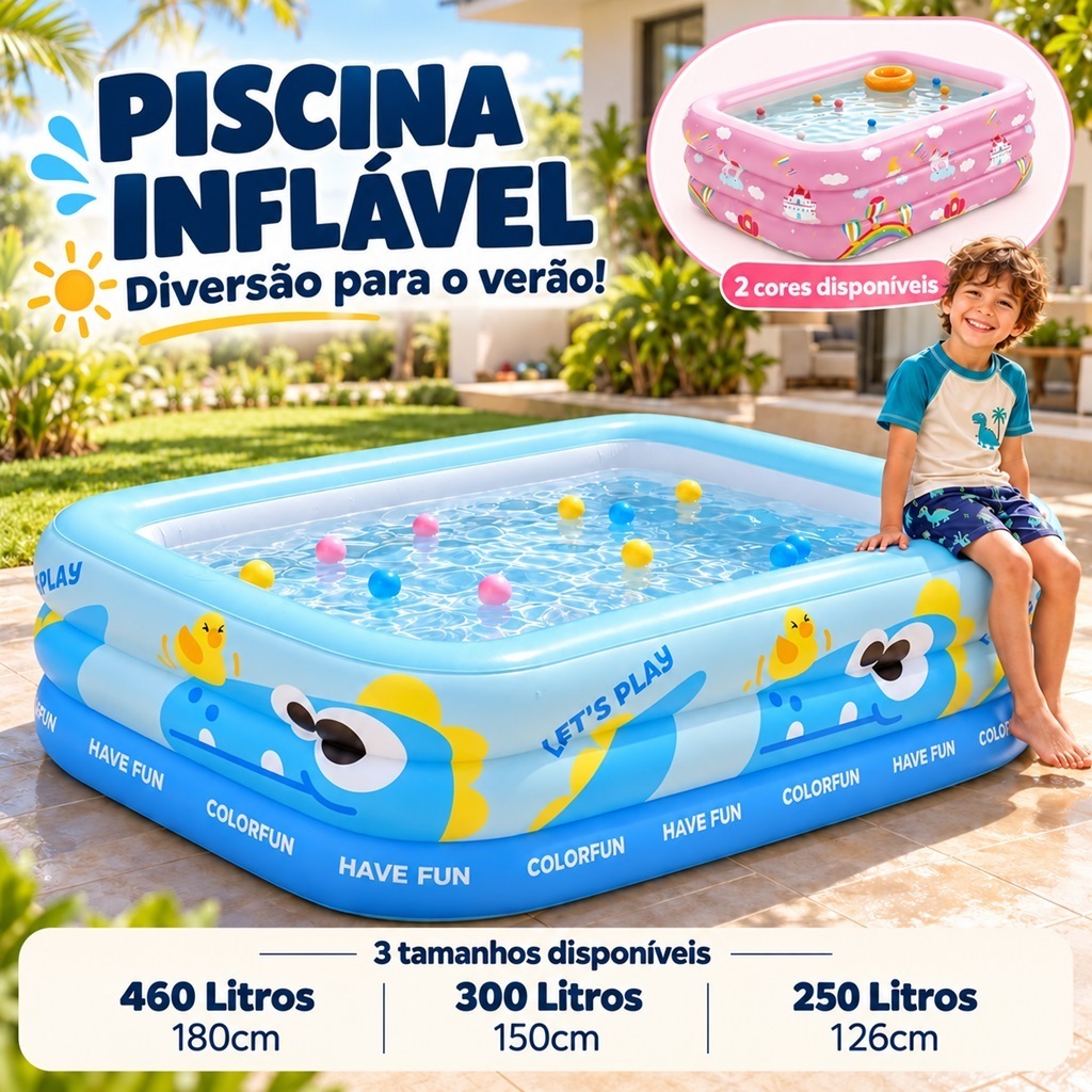 Piscina Inflável Retangular Infantil 3 Anéis 460/300/250 Litros 180/150/126cm