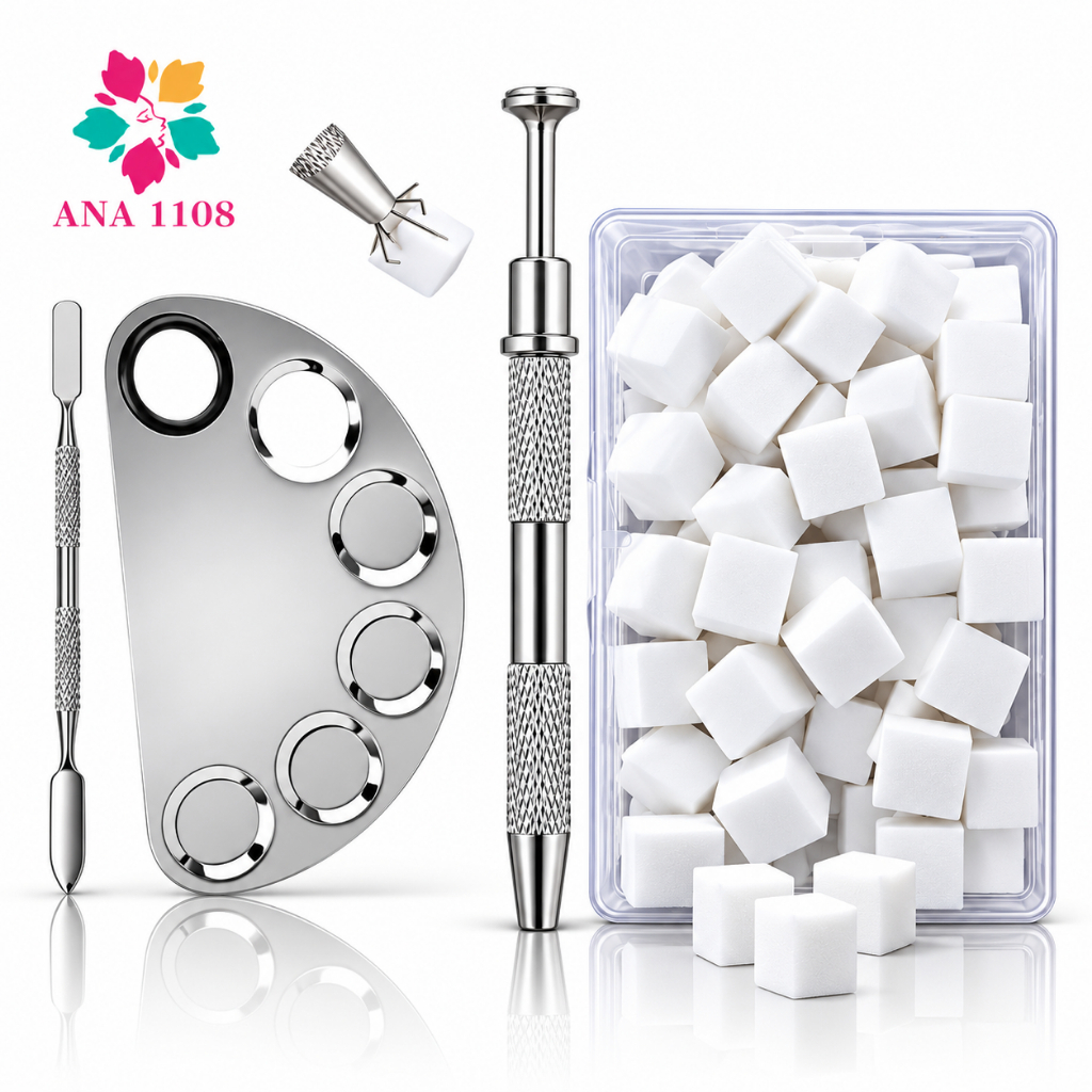 ANA1108 Kit Nail Art Esfumado Unhas em Aplicador 50 Esponjas Paleta Inox com Espátula