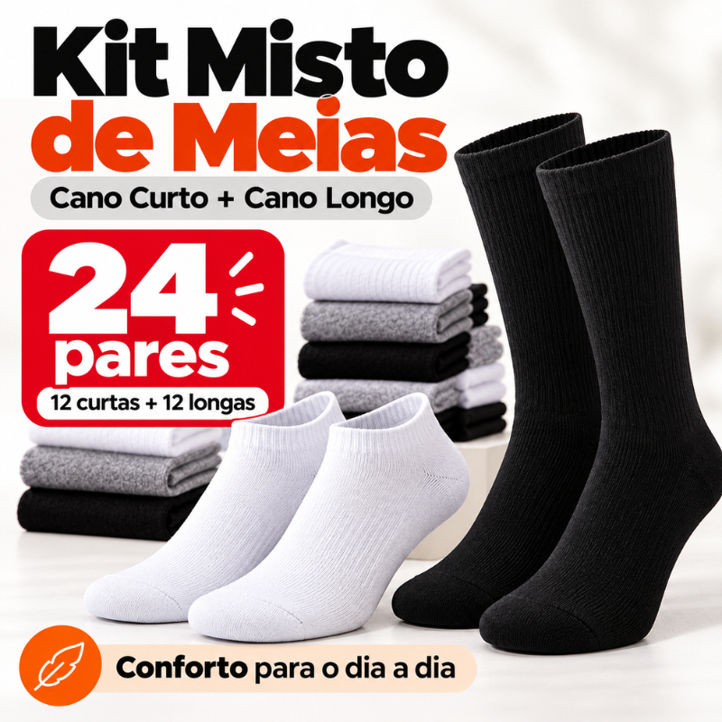 Kit Meias Soquete Cano Curto e Cano Longo Misto 6 12 24 Pares Masculina Algodão
