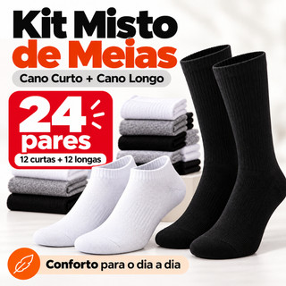 Kit Meias Soquete Cano Curto e Cano Longo Misto 6 12 24 Pares Masculina Algodão