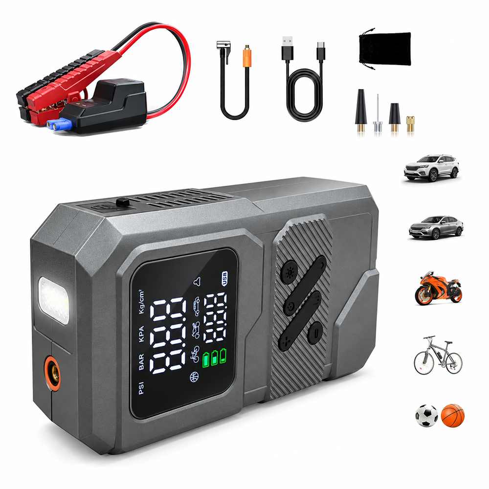 Auxiliar de Partida com Compressor de Ar Portátil 2 em 1 6000mAh Inflador Digital Power Bank Luz LED para Carro e Moto