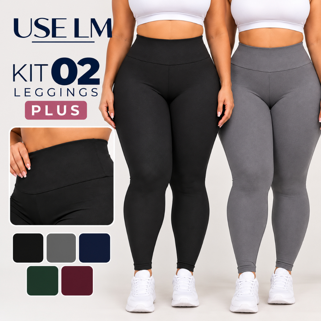 Kit 02 Legging Plus Size Feminina Suplex Cintura Alta Modeladora Academia Treino Fitness Leg Legue Pilates