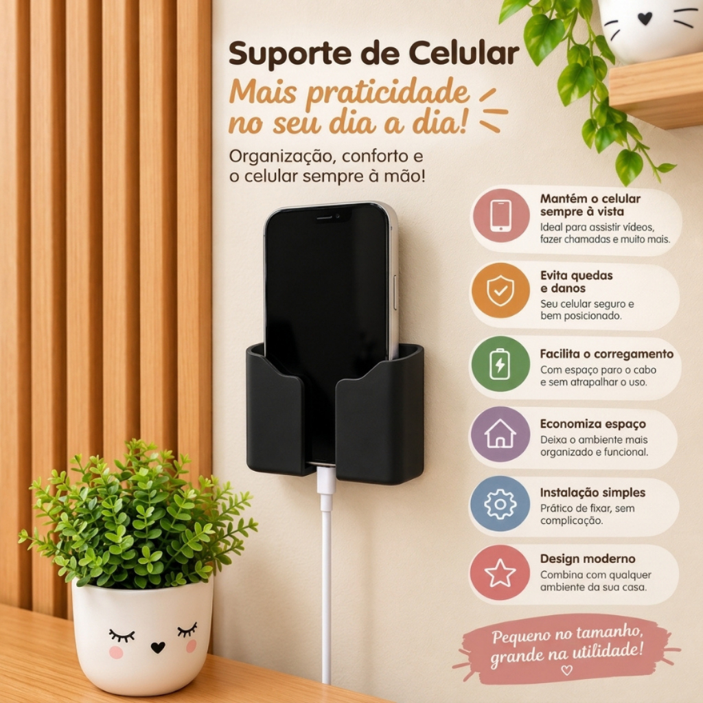 Suporte Para Celular De Parede Plástico Resistente Adesivo Entrada Carregador Universal Várias Cores