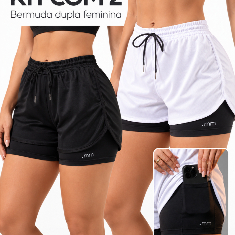 Kit 2 Bermuda Dupla Feminina Short 2 em 1 Academia com Forro de Compressão e Bolso Interno Corrida
