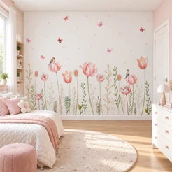 Papel Adesivo de Parede Decorativo Floral Borboletas Ramos Quarto Menina