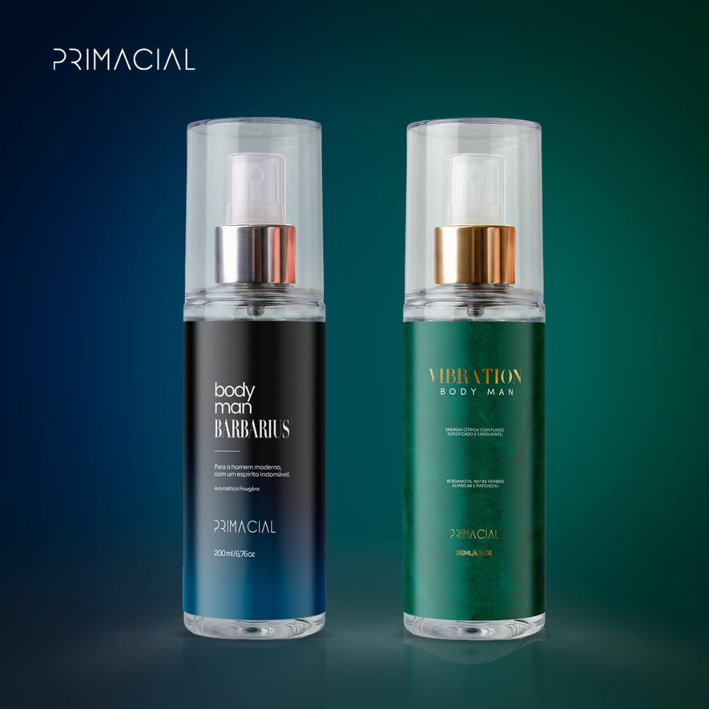 KIT 2 BODY SPLASH BARBARIUS E VIBRATION 200ML BY PRIMACIAL PERFUME CITRICO AMADEIRADO