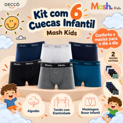 Kit Com 6 Cuecas Mash Infantil Juvenil Boxer Box Em Algodao Cotton Masculina Kids Original