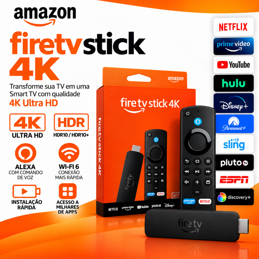 Amazon Fire TV Stick 4K 2º Geração  Wi-Fi 6E com Controle de Voz Alexa