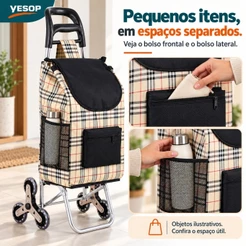 Carrinho De Feira Compras 6 Rodas Sobe Escada 40 Kg Dobrável Multiuso Portátil Reforçado Aço Resistente Espaçoso Yesop