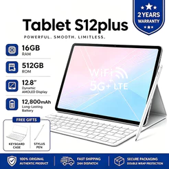 Tablet S12 Plus -12.8 inch 16GB+512GB Android 16 12800mAh Ideal para Estudos e Jogos Combo com Teclado e Mouse