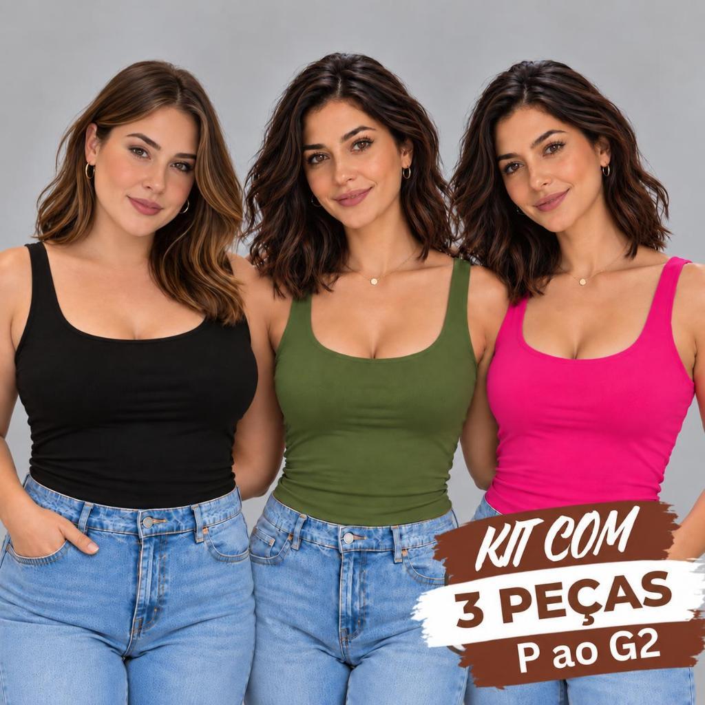 KIT 3 Regatas Casual Blusinha Feminina Suplex Tendencia Blogueira Decote 40 52 Plus Size Forro Duplo
