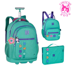 Kit Mochila de Rodinhas Com lancheira e Estojo 96 Pens Rebecca Bonbon Flower Power Cor:Verde