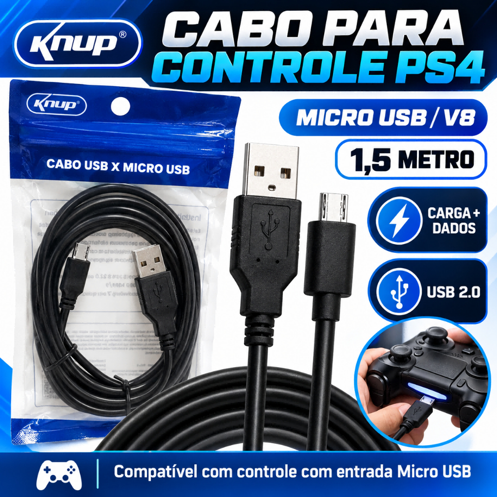 Cabo Carregador Controle PS4 DualShock 4 KNUP Micro USB V8 1,5m Dados e Carga