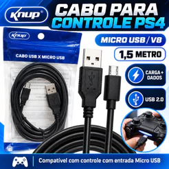 Cabo Carregador Controle PS4 DualShock 4 KNUP Micro USB V8 1,5m Dados e Carga