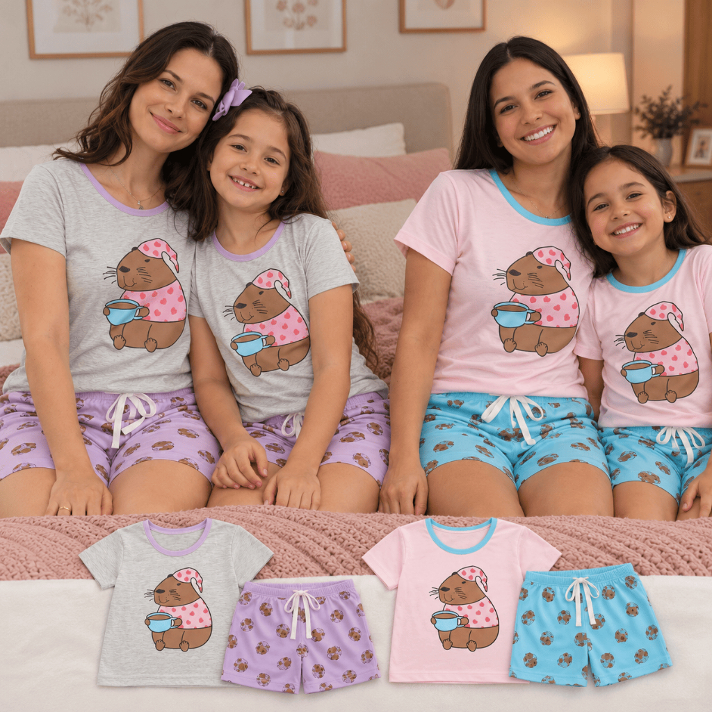 Kit Pijama Mãe e Filha Capivara Baby Doll Feminino e Infantil com Short Estampado em Malha Confortável
