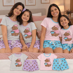 Kit Pijama Mãe e Filha Capivara Baby Doll Feminino e Infantil com Short Estampado em Malha Confortável