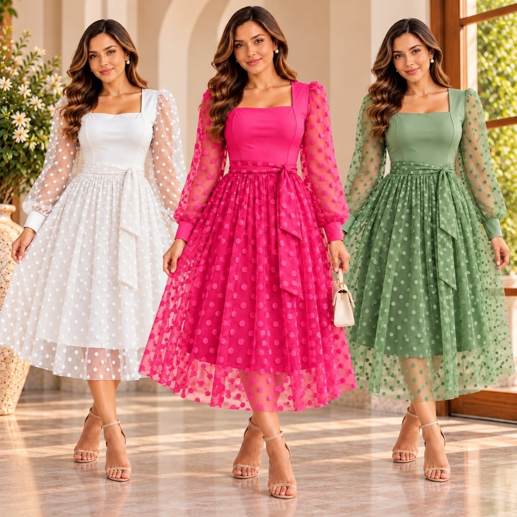 Vestido Feminino Tule Manga Longa Midi Elegante Com Laço Para Amarrar