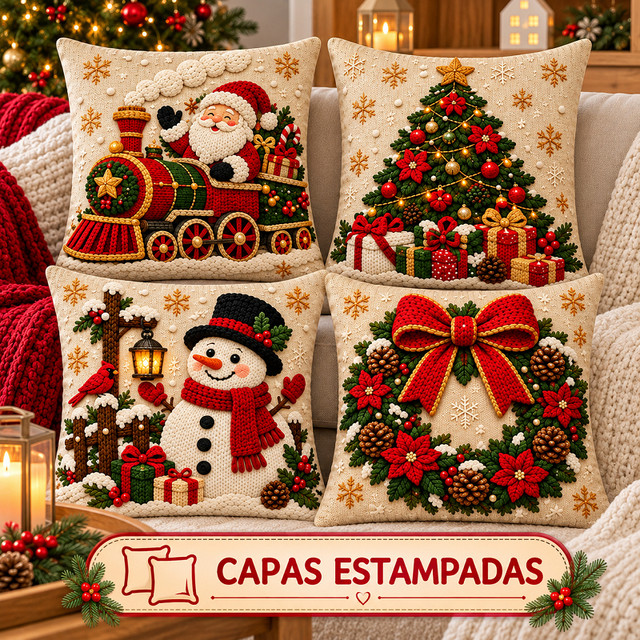 KIT 4 CAPAS DE ALMOFADAS DECORATIVAS NATAL PAPAI NOEL BONECO DE NEVE FELIZ NATAL RENA LANÇAMENTO 2026