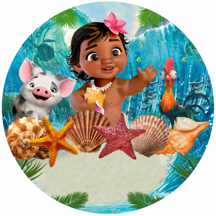 Painel Redondo Moana 150x150 e 50x50 cm Tecido Sublimado Com Elástico Moana Baby - PNR-214