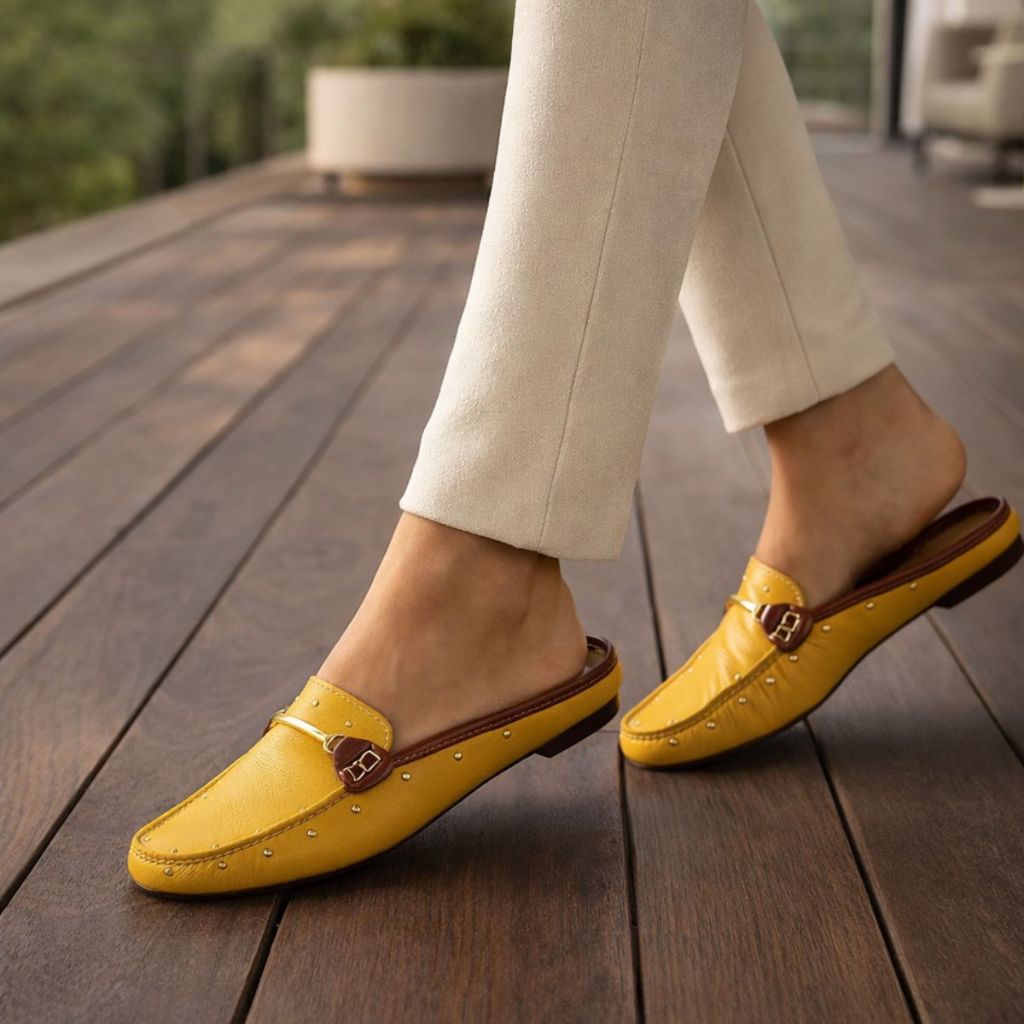 Mule Mocassim Couro Legítimo Feminino Slide Elegânte Confortável Tamanco Amarelo Mostarda ELAINE 66
