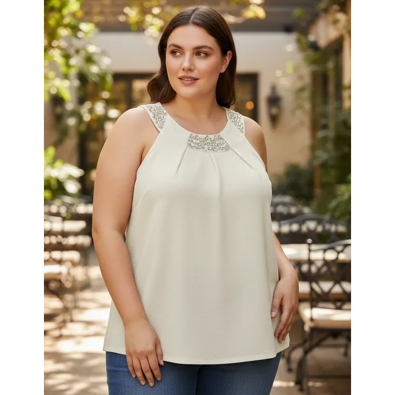 Blusa Plus Size Rovitex Secret Glam com pedrarias aplicada na gola