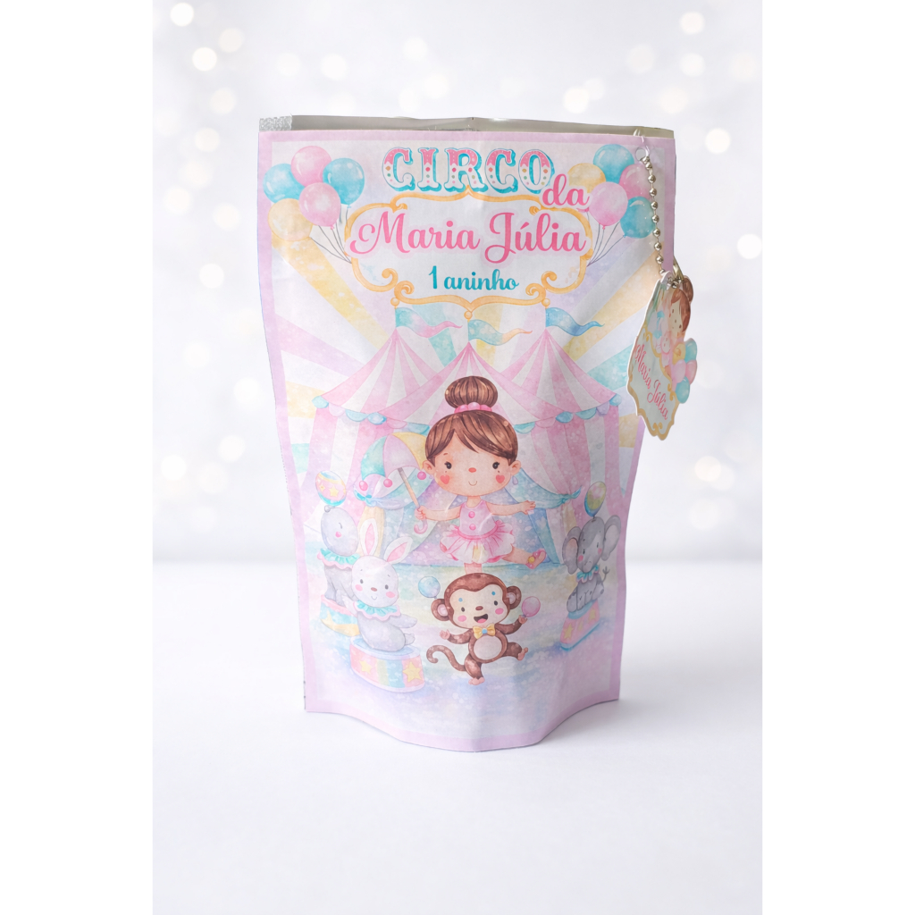 Saquinho Personalizado Circo Rosa com Tag e Correntinha – Lembrancinha Festa Infantil