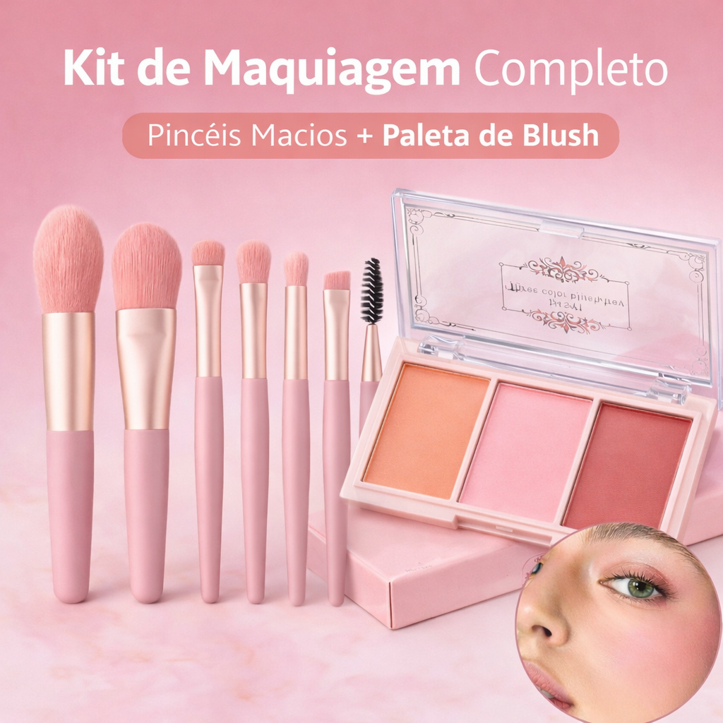 Kit Blush 3 cores + 8 pincéis, Kit de maquiagem pincéis e Blush, Pincéis de maquiagem, Blush