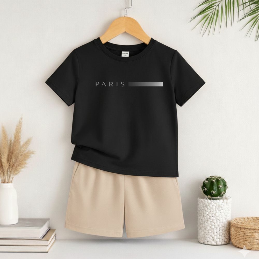 Conjunto juvenil e infantil meninos estampa paris camiseta e short casual masculino premium de algodão