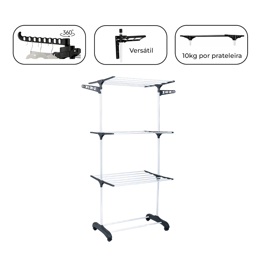 VARAL CHÃO ORGANIZADOR MULTIFUNCIONAL  INOX CINZA E BRANCO 160CM  LAVANDERIA DOBRAVEL 3 ANDARES CASA